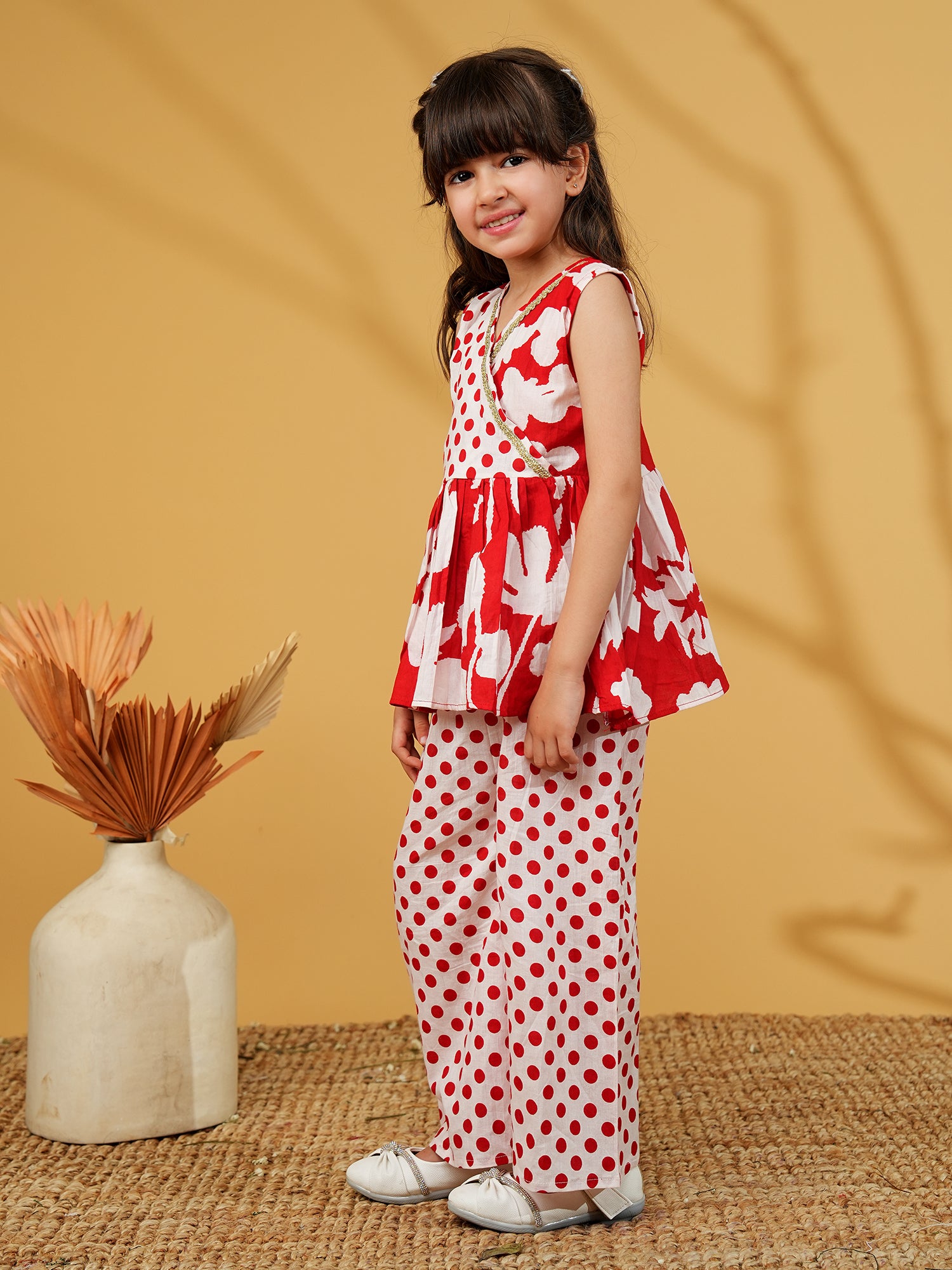 Red Cotton Sleeveless Polka Dot Print Girls Co-Ords - AJ Dezines