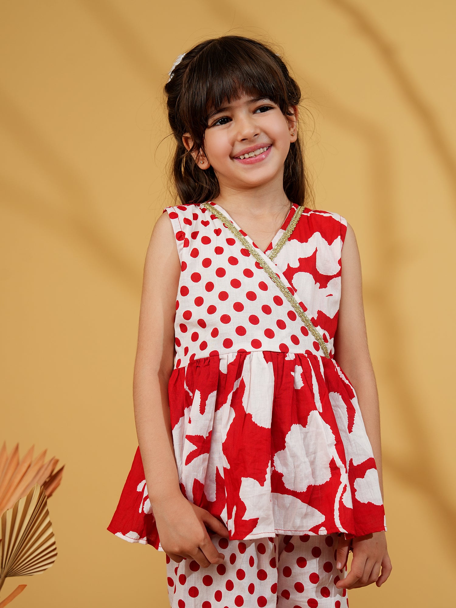 Red Cotton Sleeveless Polka Dot Print Girls Co-Ords - AJ Dezines