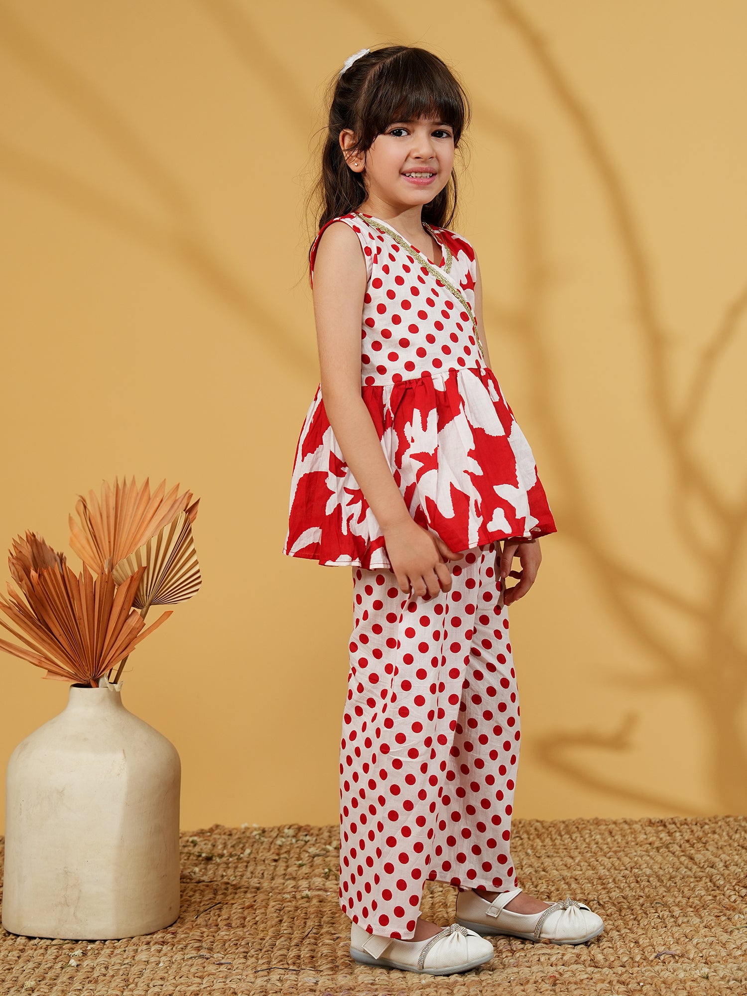 Red Cotton Sleeveless Polka Dot Print Girls Co-Ords - AJ Dezines