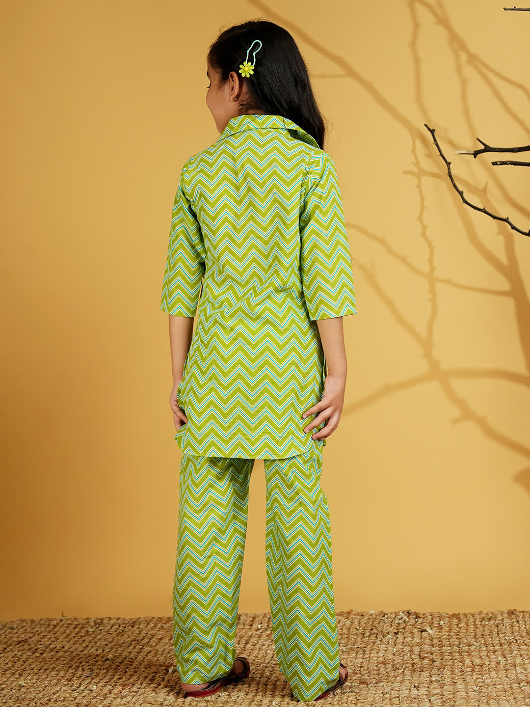 Green Cotton 3/4th Sleeves Zig-zag Printed Girls Co-Ords - AJ Dezines