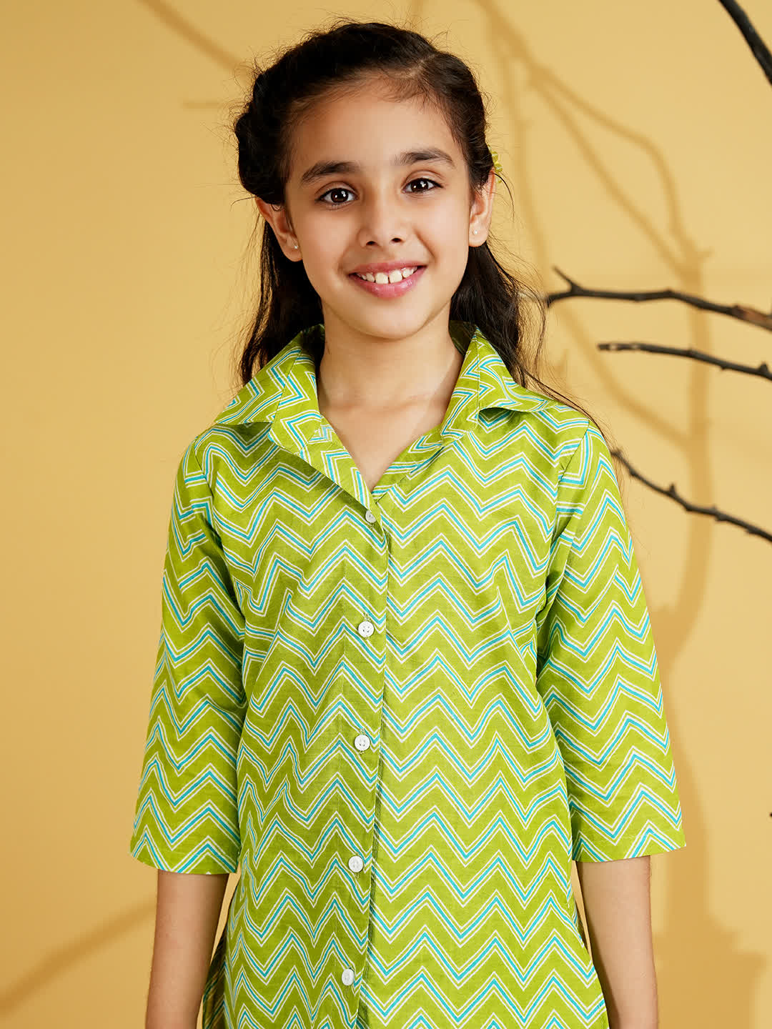 Green Cotton 3/4th Sleeves Zig-zag Printed Girls Co-Ords - AJ Dezines