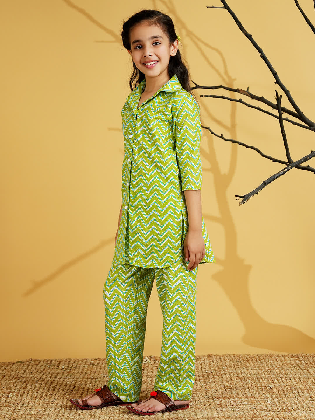 Green Cotton 3/4th Sleeves Zig-zag Printed Girls Co-Ords - AJ Dezines
