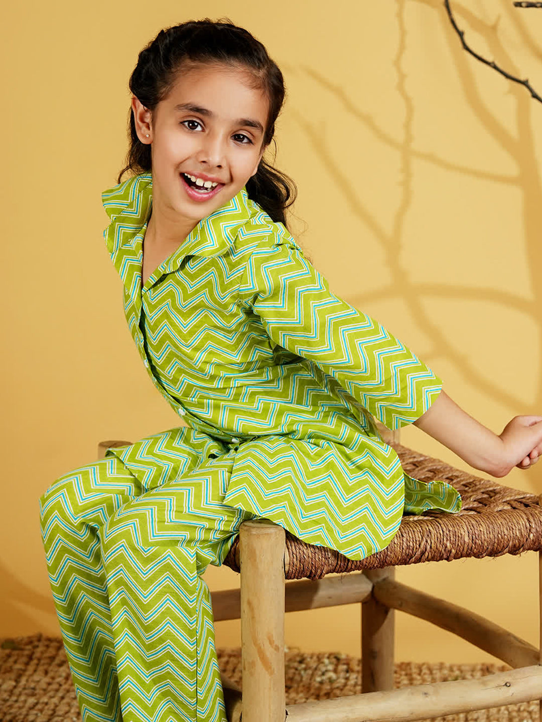 Green Cotton 3/4th Sleeves Zig-zag Printed Girls Co-Ords - AJ Dezines