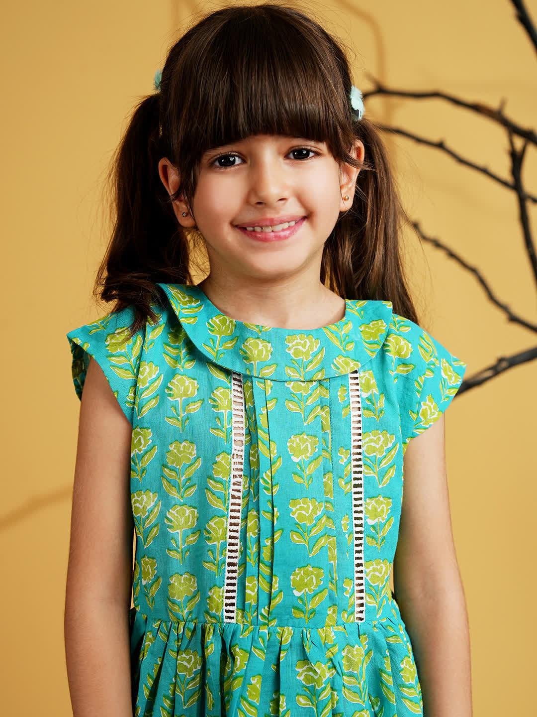 Green Cotton Half Sleeves Floral Printed Girls Co-Ords - AJ Dezines