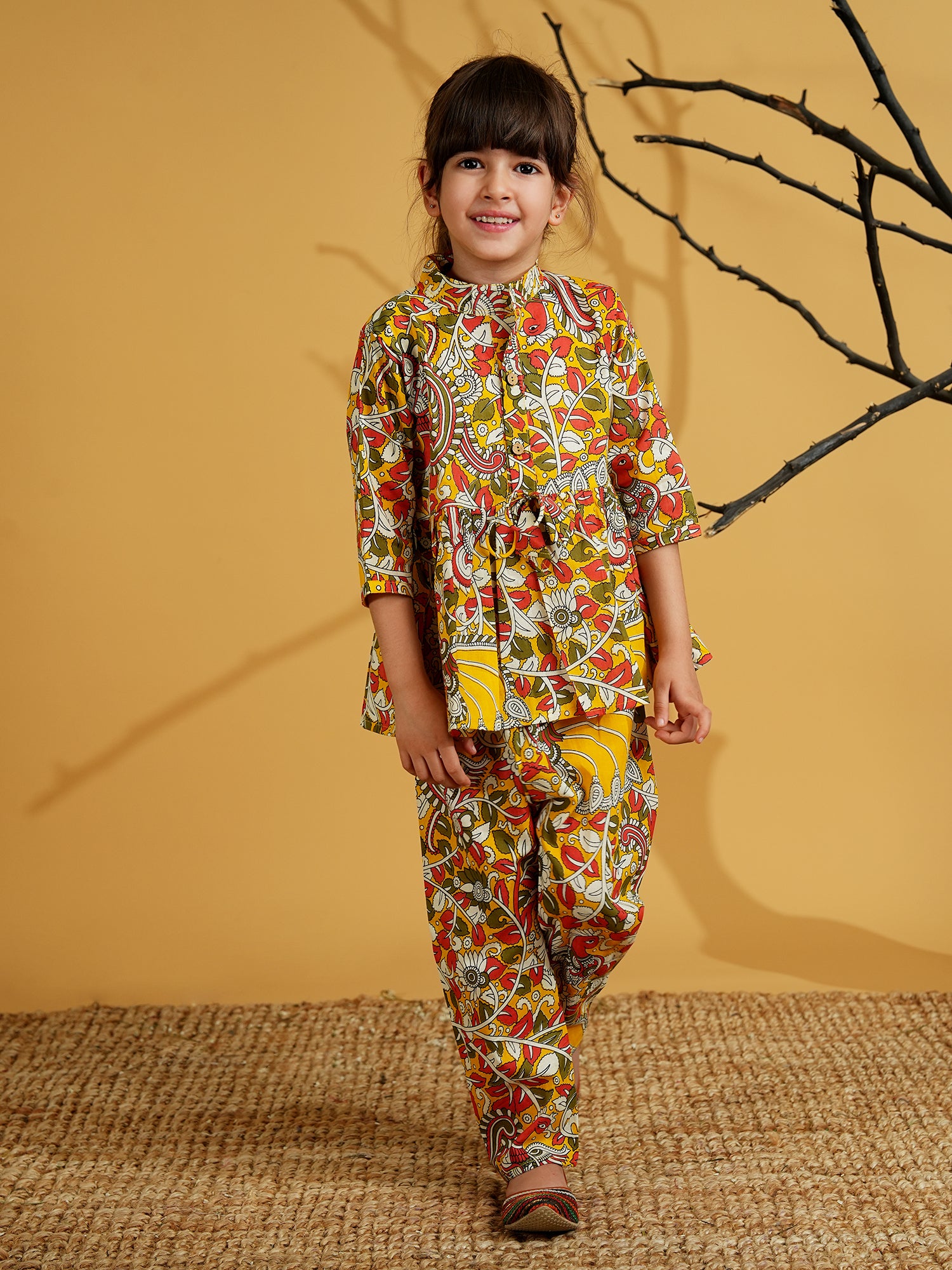 Multi Color Cotton 3/4th Sleeves Floral Print Girls Co-Ords - AJ Dezines