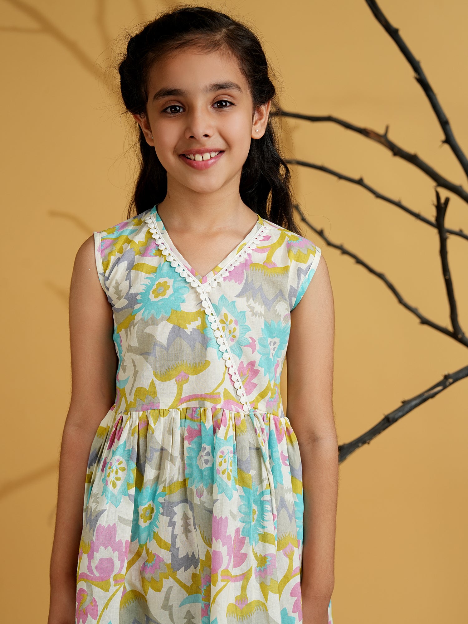 Blue Cotton Sleeveless Floral Print and Lace Work Girls Co-Ords - AJ Dezines