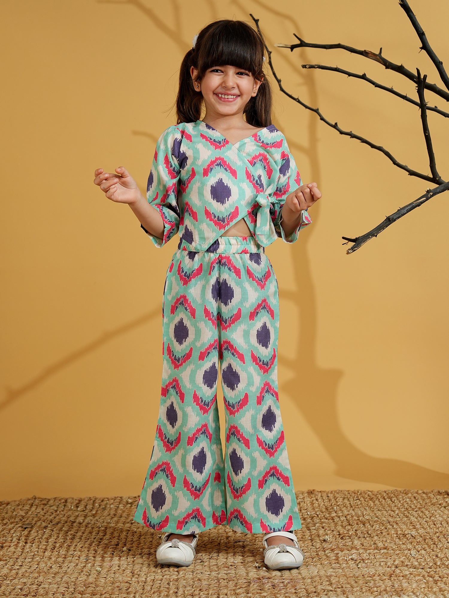 Blue Cotton 3/4th Sleeves Abstract Printed Girls Co-Ords - AJ Dezines