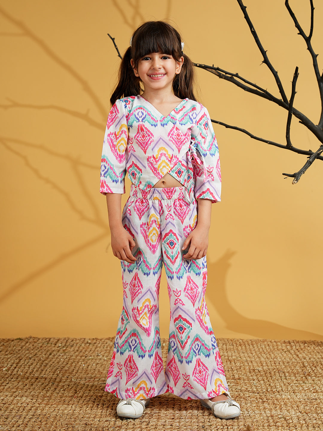 Pink Cotton 3/4th Sleeves Abstract Printed Girls Co-Ords - AJ Dezines
