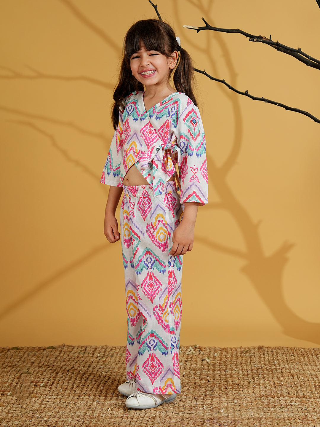 Pink Cotton 3/4th Sleeves Abstract Printed Girls Co-Ords - AJ Dezines