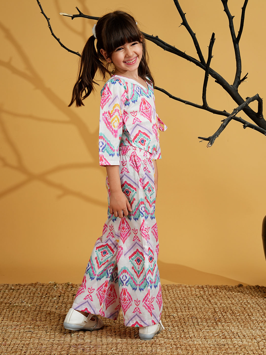Pink Cotton 3/4th Sleeves Abstract Printed Girls Co-Ords - AJ Dezines
