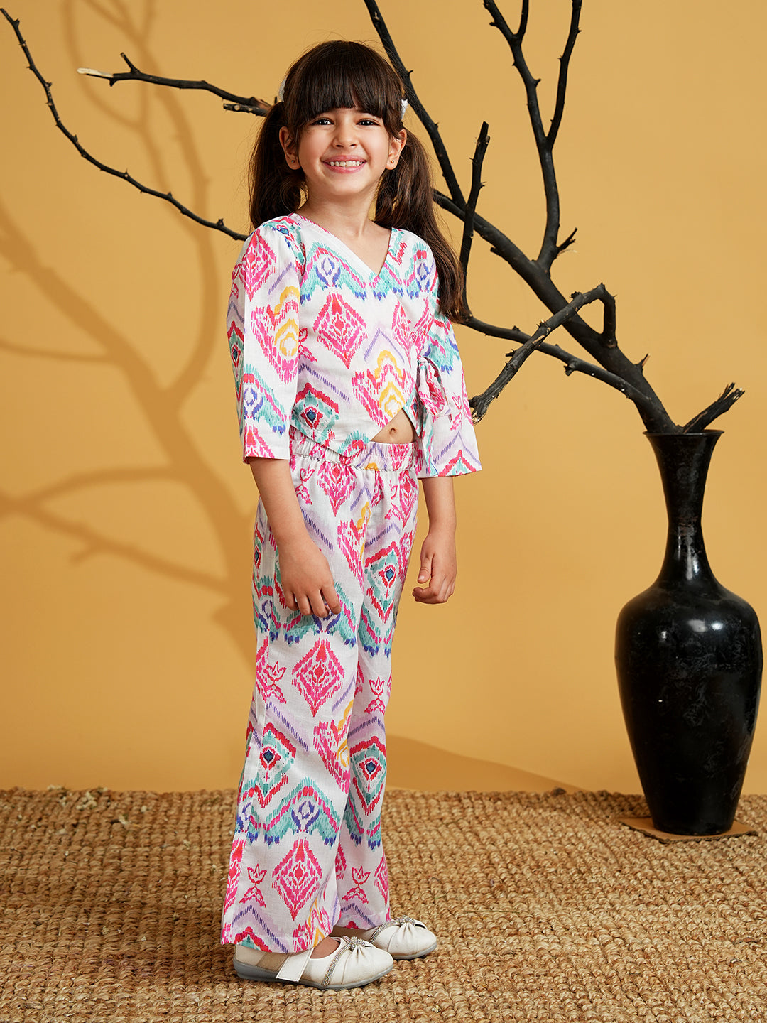 Pink Cotton 3/4th Sleeves Abstract Printed Girls Co-Ords - AJ Dezines