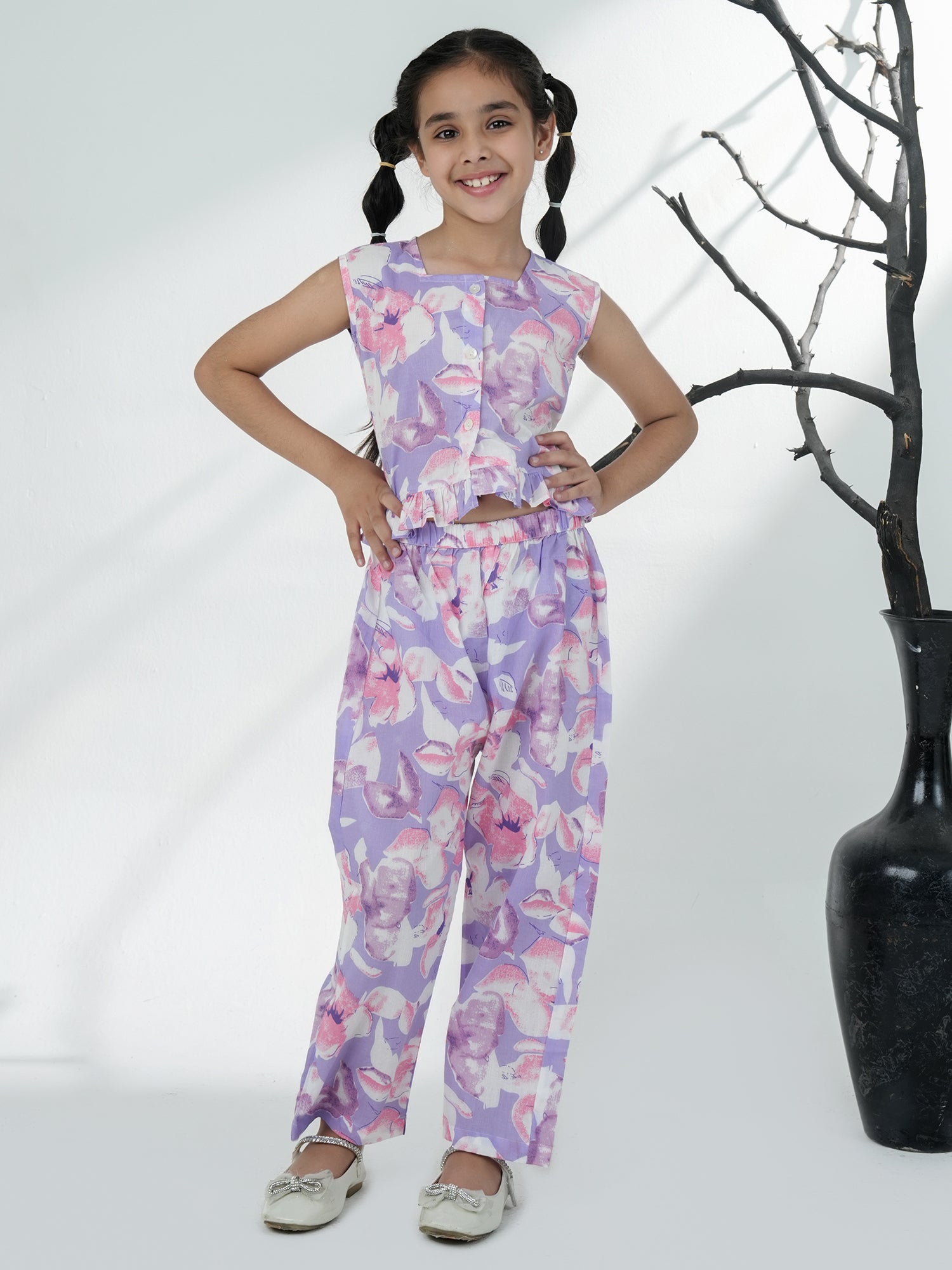 Purple Cotton Sleeveless Floral Printed Girls Co-Ords - AJ Dezines