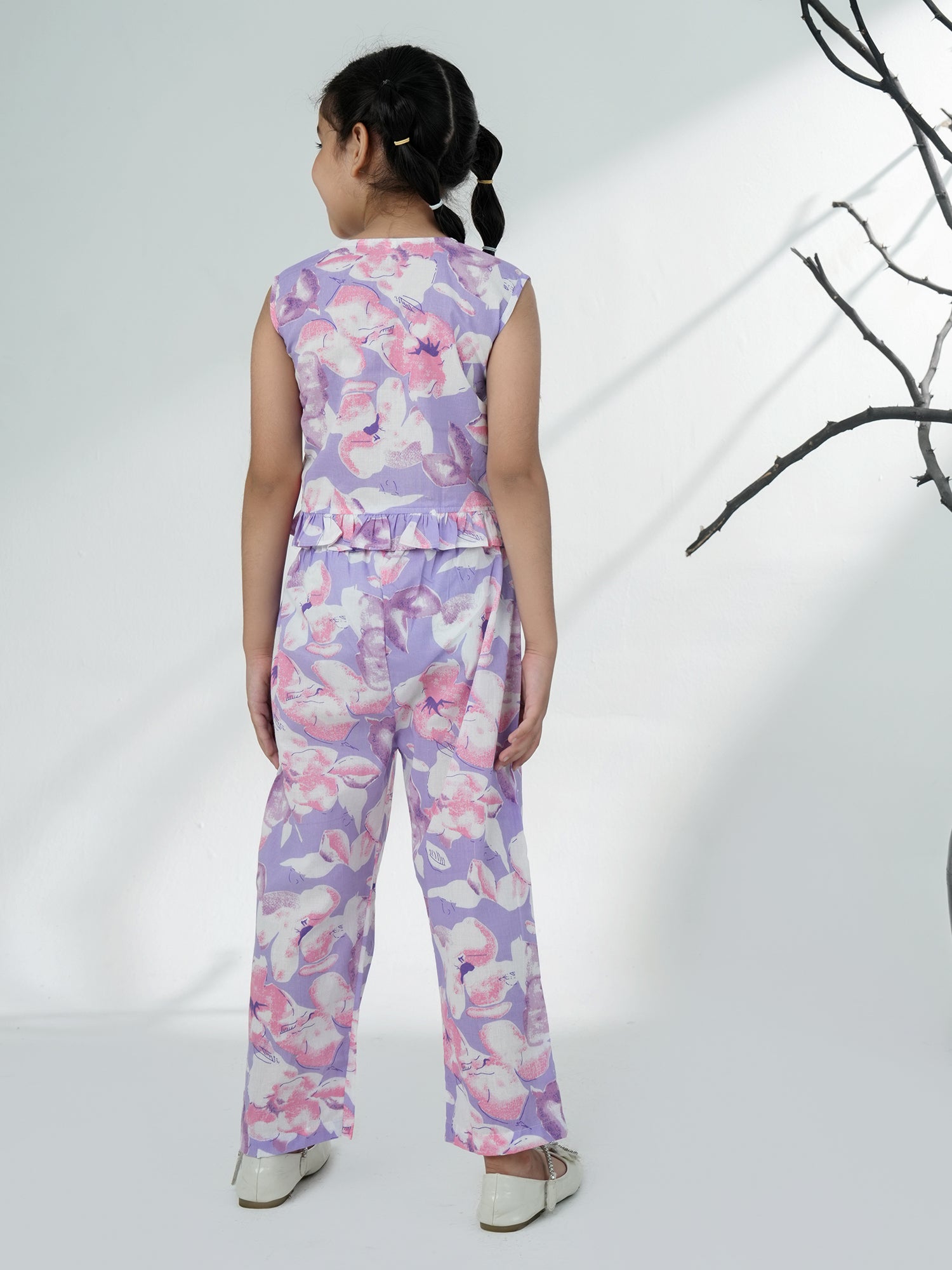 Purple Cotton Sleeveless Floral Printed Girls Co-Ords - AJ Dezines