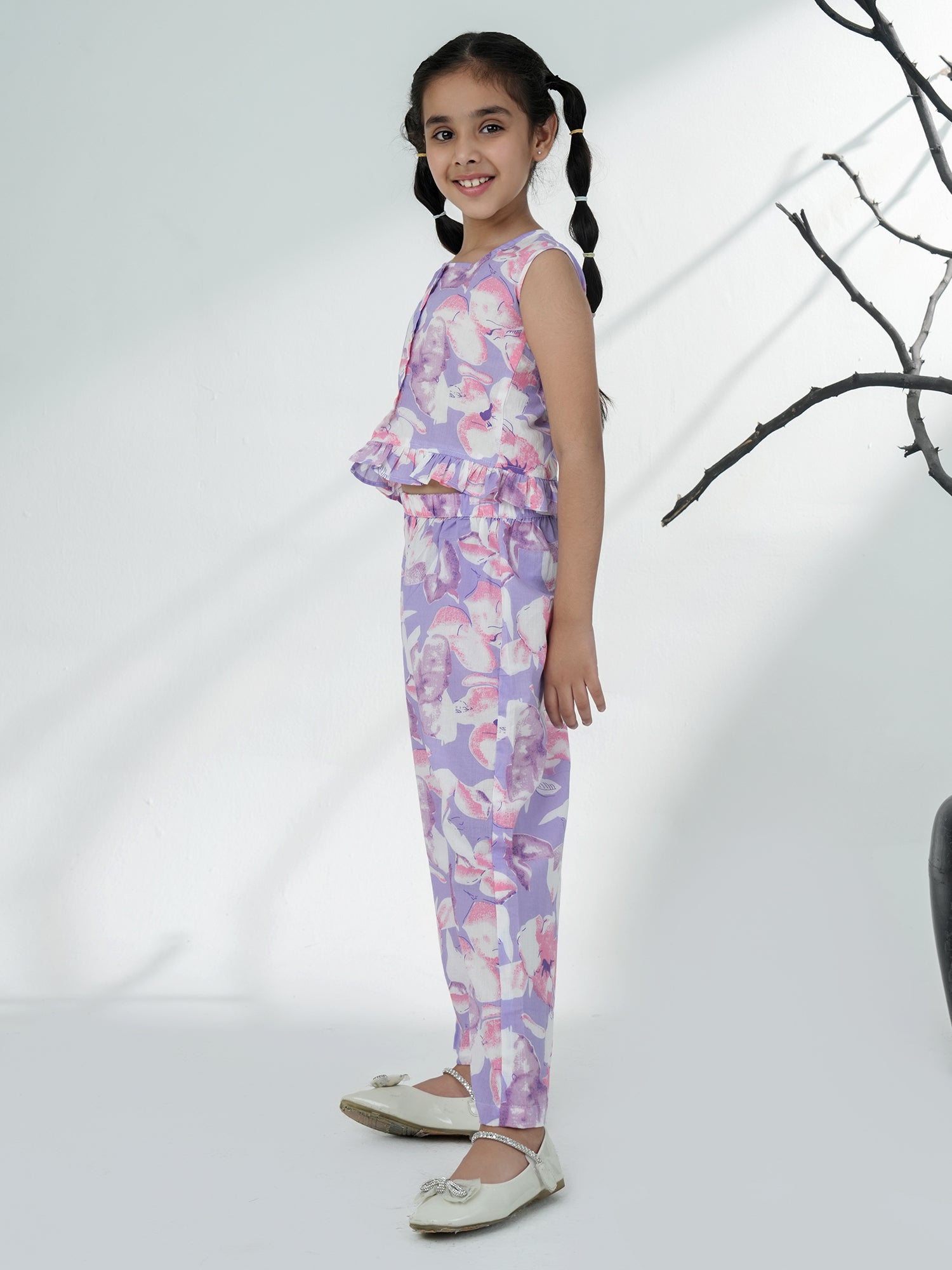 Purple Cotton Sleeveless Floral Printed Girls Co-Ords - AJ Dezines