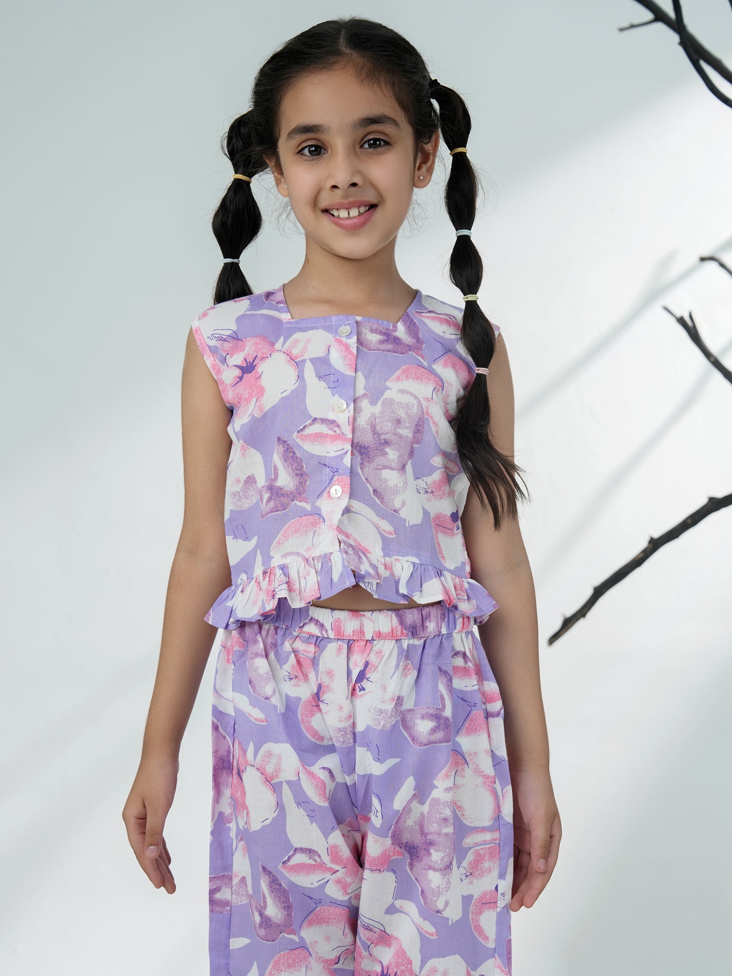 Purple Cotton Sleeveless Floral Printed Girls Co-Ords - AJ Dezines