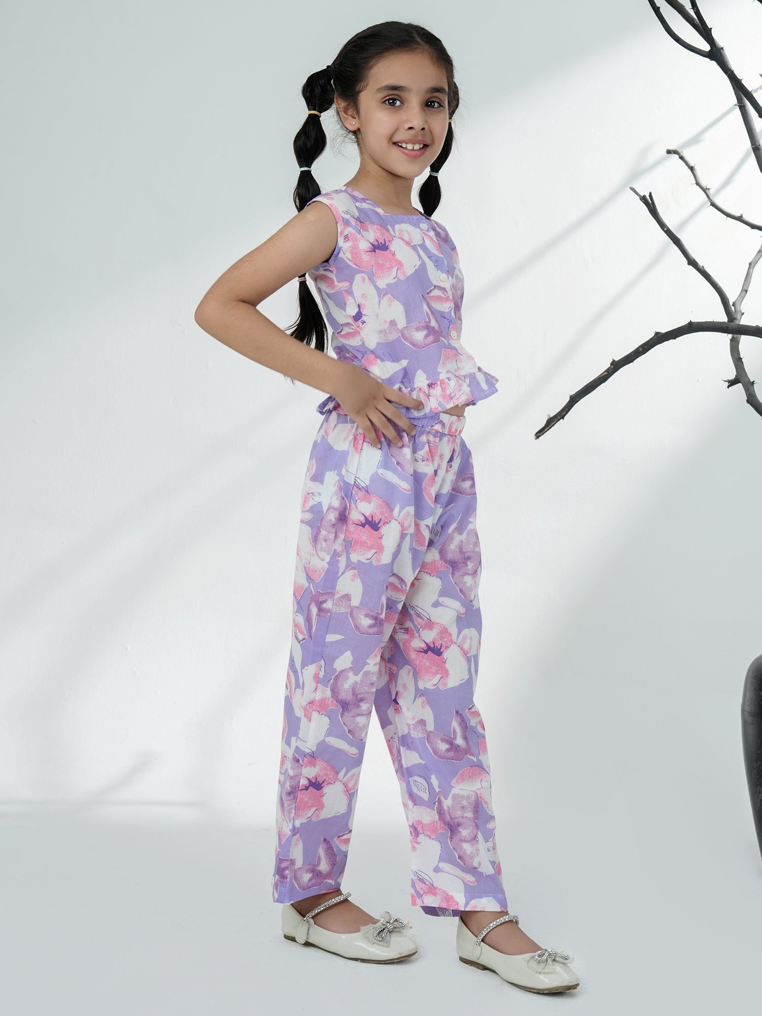 Purple Cotton Sleeveless Floral Printed Girls Co-Ords - AJ Dezines