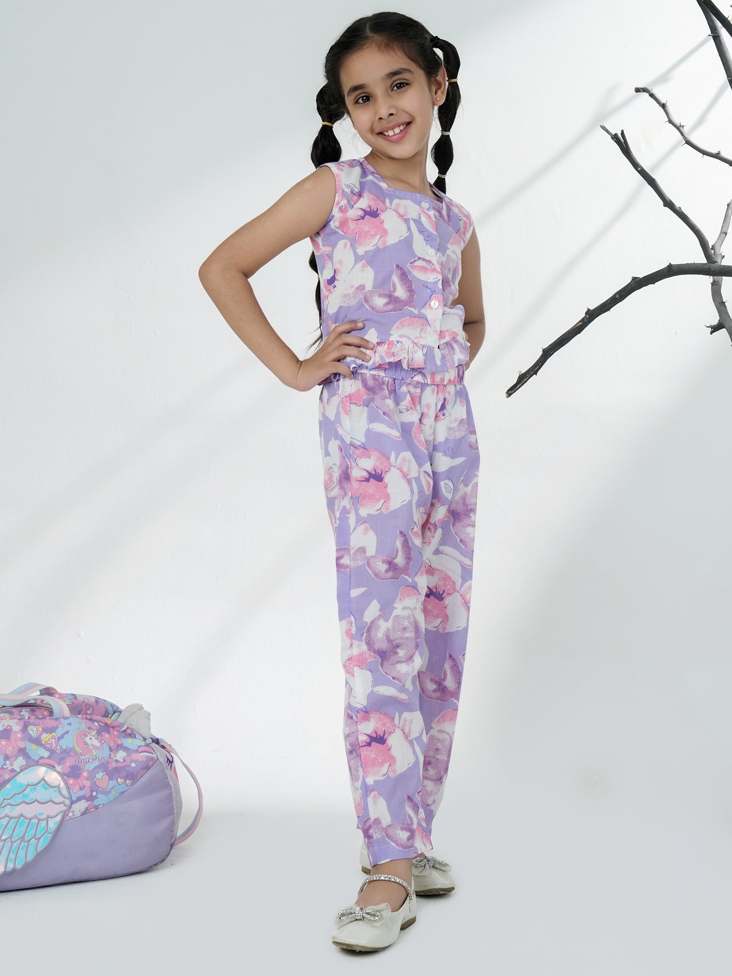 Purple Cotton Sleeveless Floral Printed Girls Co-Ords - AJ Dezines