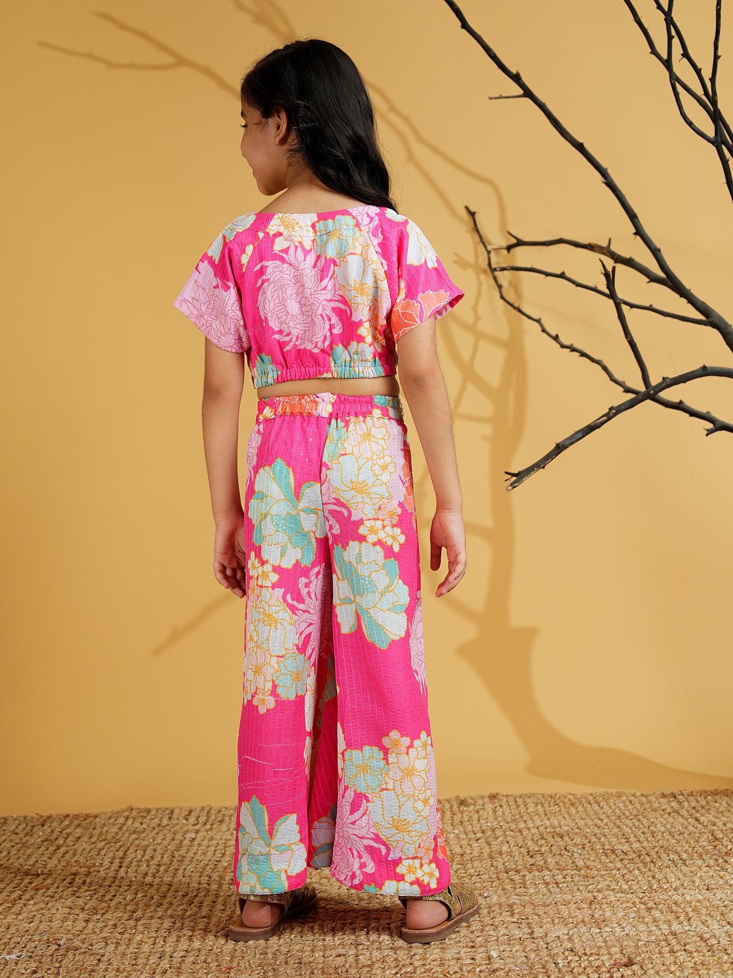 Pink Cotton Blend Half Sleeves Printed Girls Co-Ords - AJ Dezines