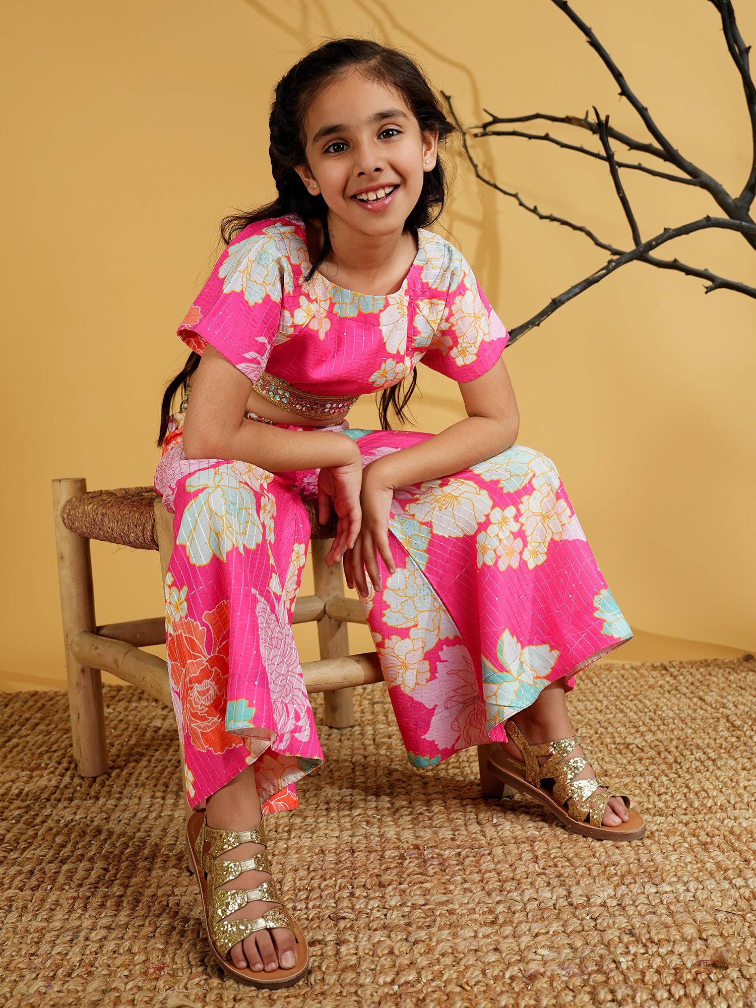 Pink Cotton Blend Half Sleeves Printed Girls Co-Ords - AJ Dezines