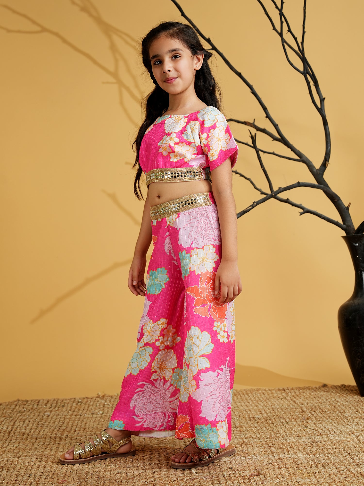 Pink Cotton Blend Half Sleeves Printed Girls Co-Ords - AJ Dezines