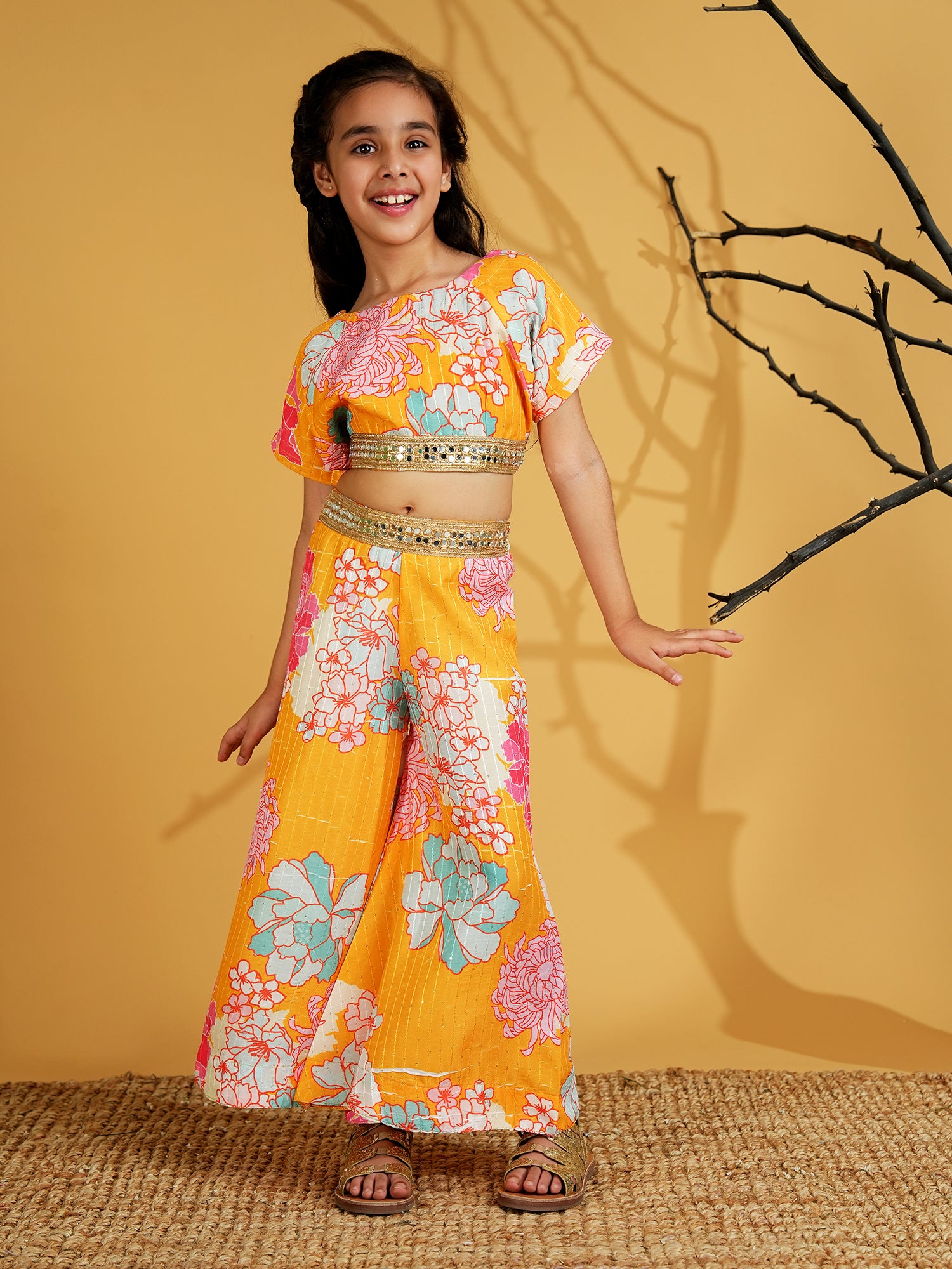Yellow Cotton Blend Half Sleeves Printed Girls Co-Ords with Lace work - AJ Dezines