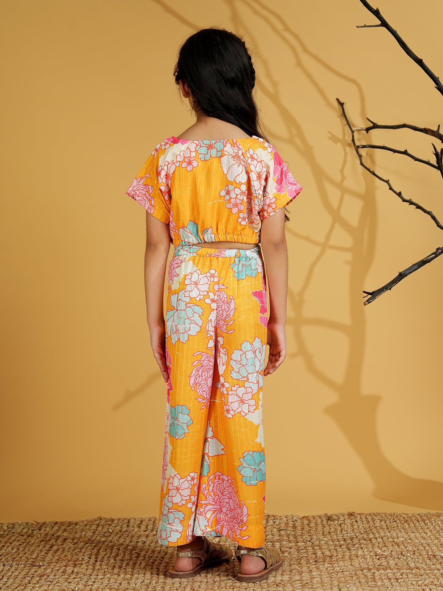 Yellow Cotton Blend Half Sleeves Printed Girls Co-Ords with Lace work - AJ Dezines
