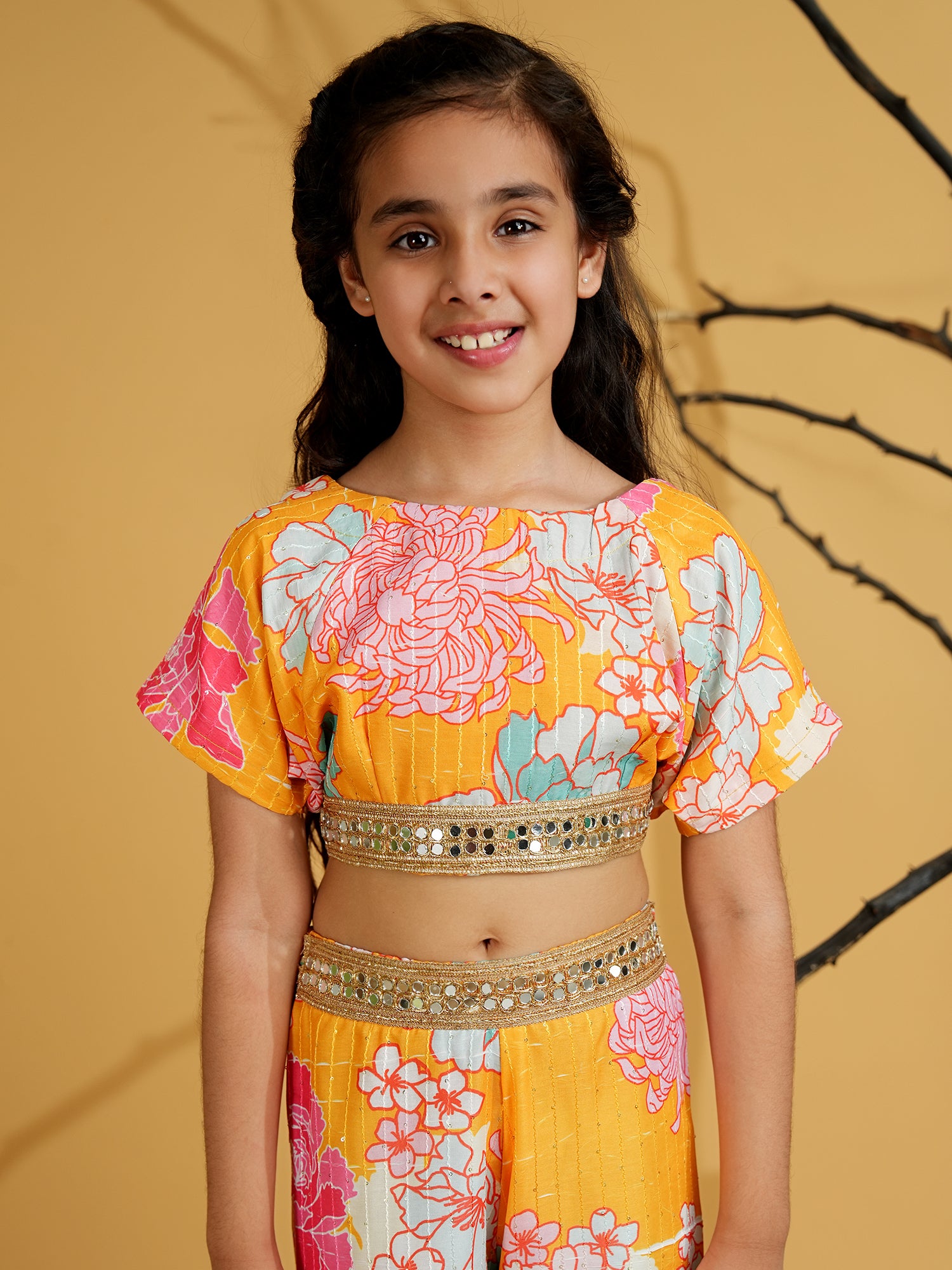 Yellow Cotton Blend Half Sleeves Printed Girls Co-Ords with Lace work - AJ Dezines