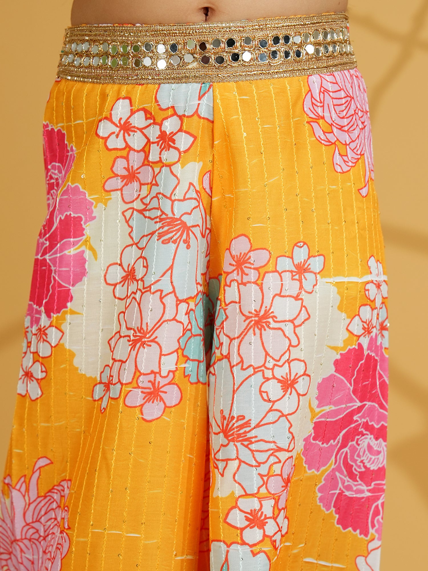 Yellow Cotton Blend Half Sleeves Printed Girls Co-Ords with Lace work - AJ Dezines