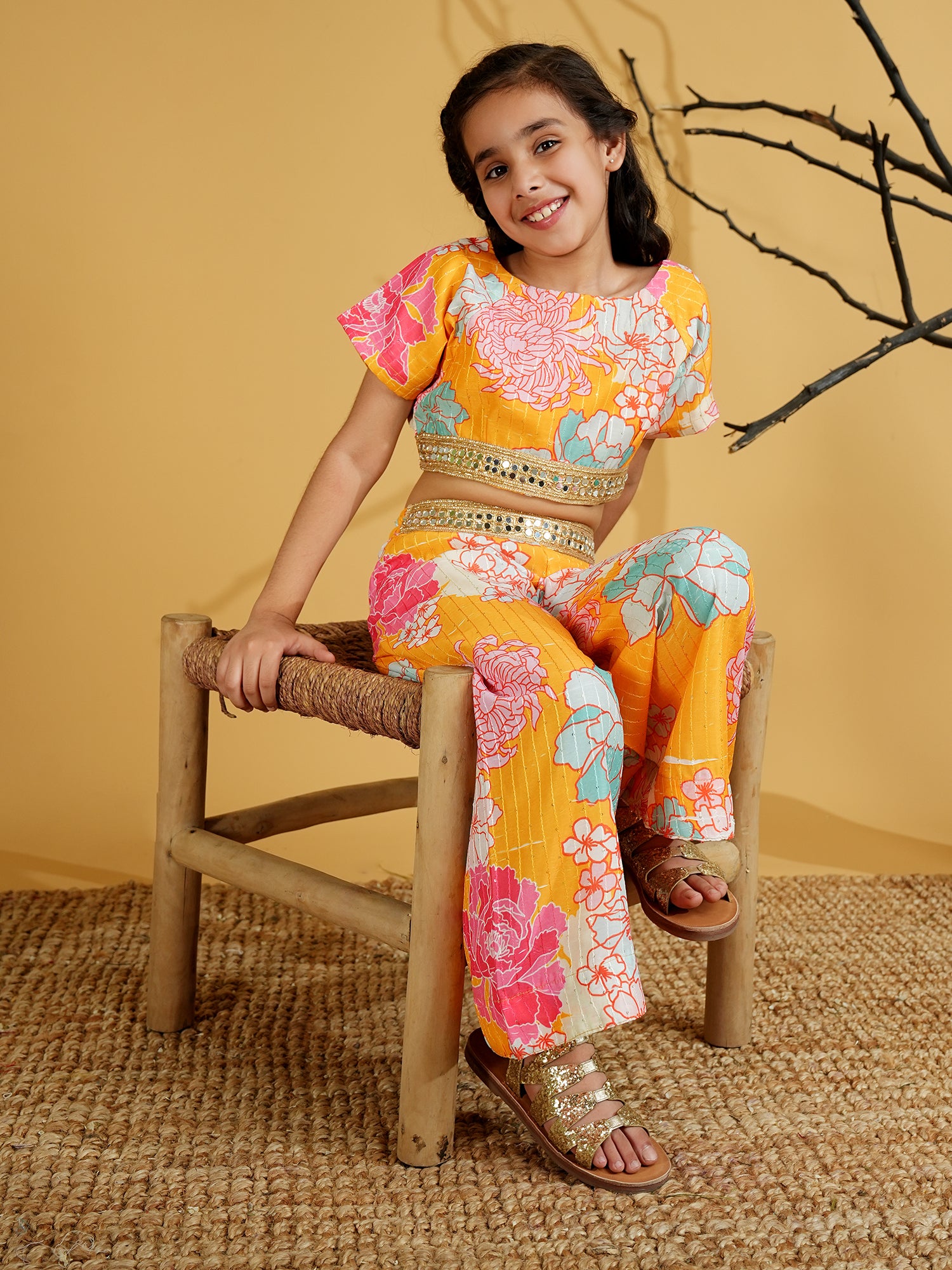 Yellow Cotton Blend Half Sleeves Printed Girls Co-Ords with Lace work - AJ Dezines
