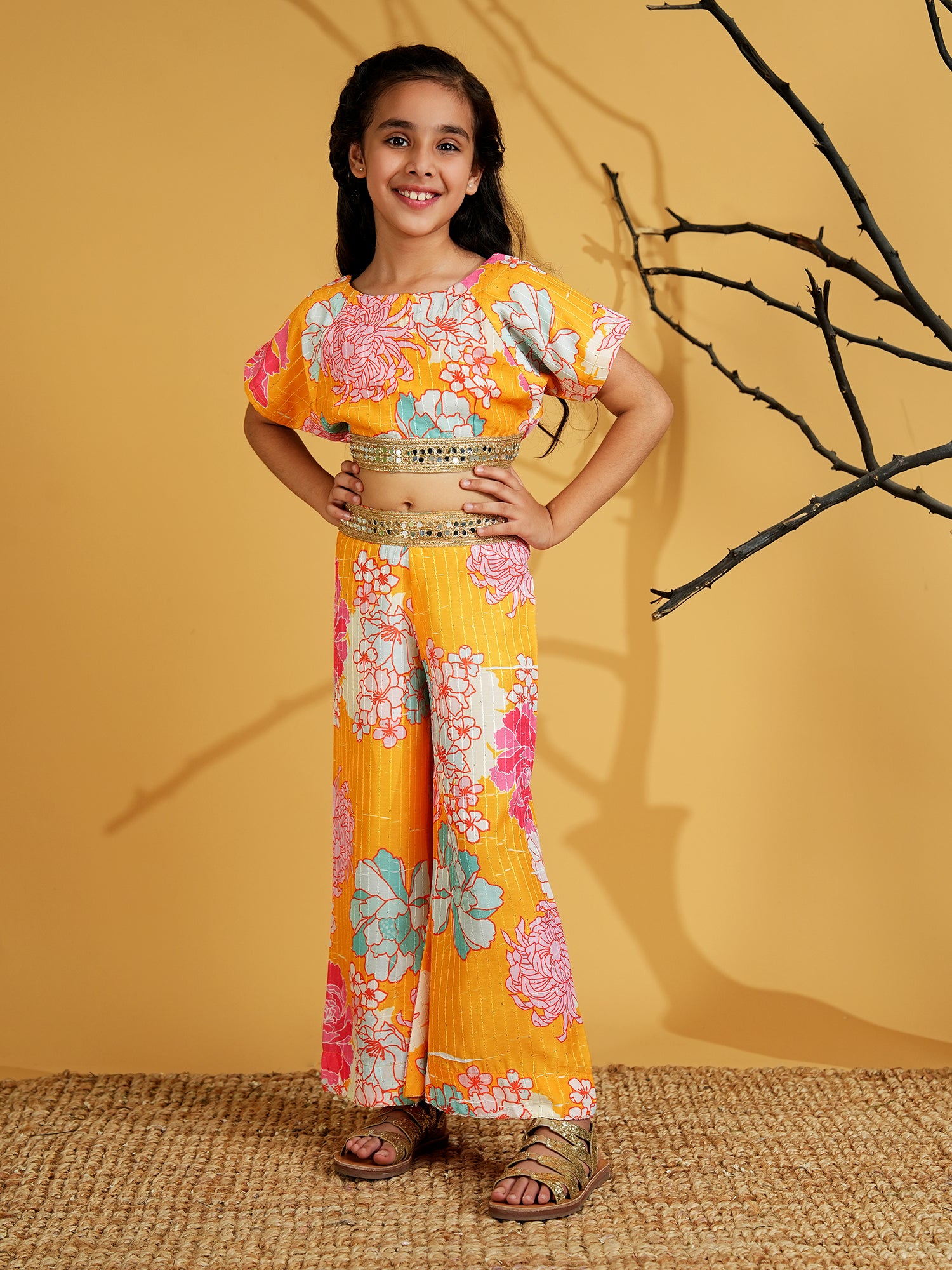 Yellow Cotton Blend Half Sleeves Printed Girls Co-Ords with Lace work - AJ Dezines