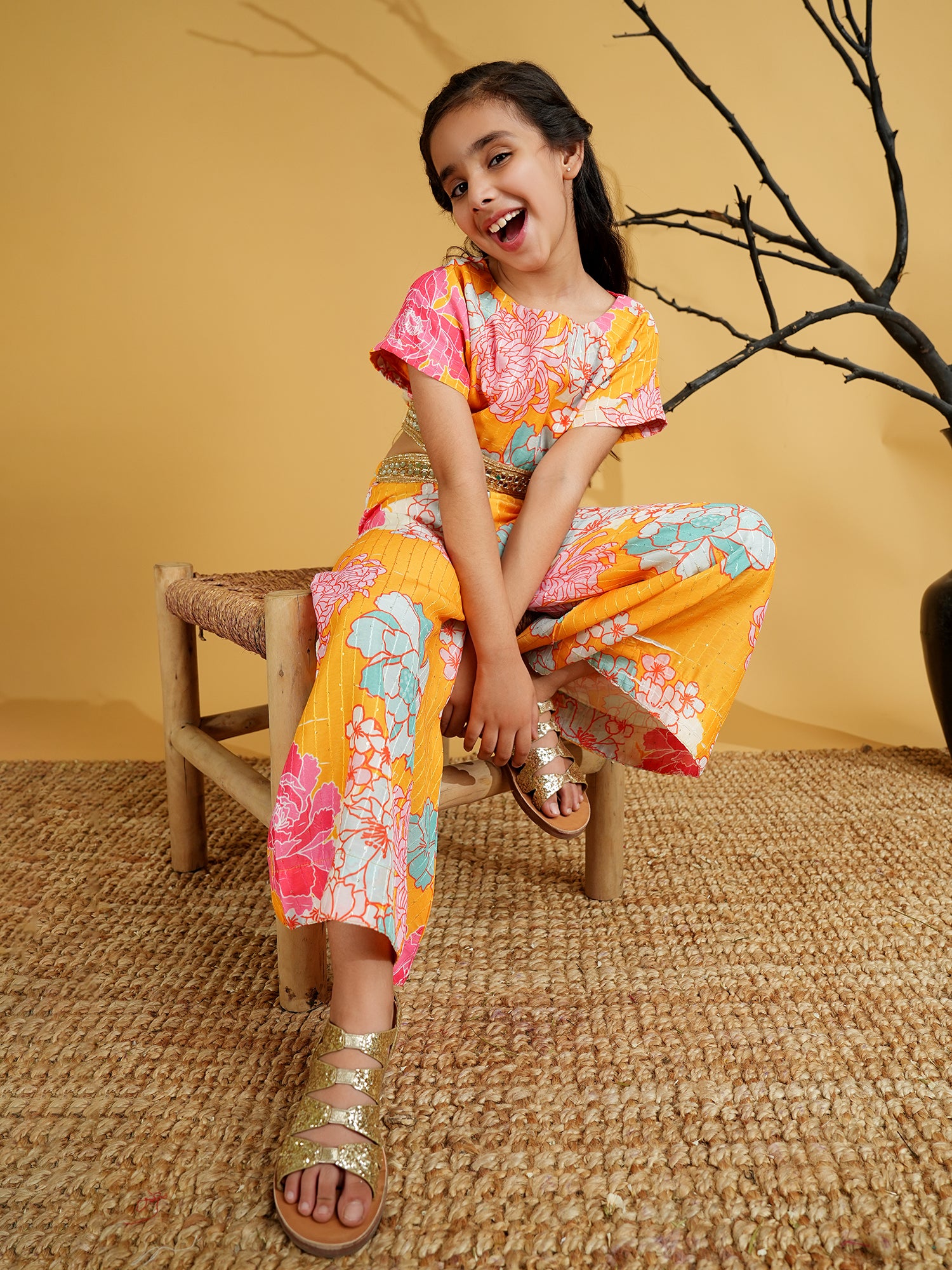 Yellow Cotton Blend Half Sleeves Printed Girls Co-Ords with Lace work - AJ Dezines