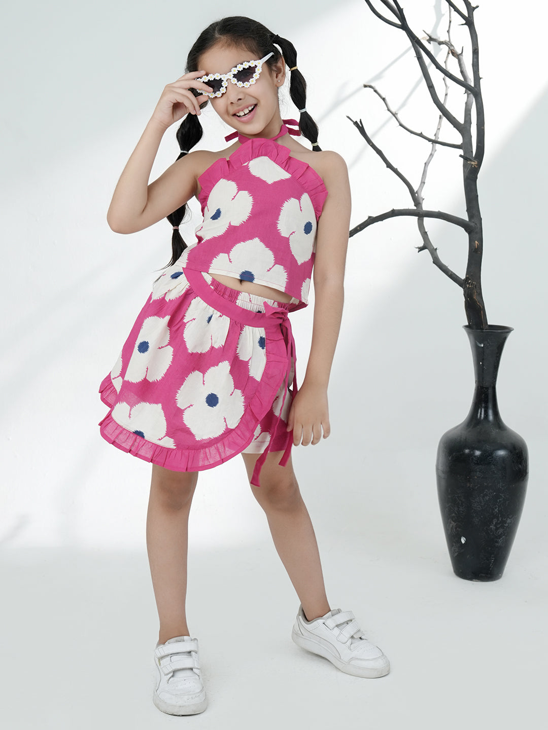 Pink Cotton Sleeveless Floral Printed Girls Top and Skort Co-Ords - AJ Dezines