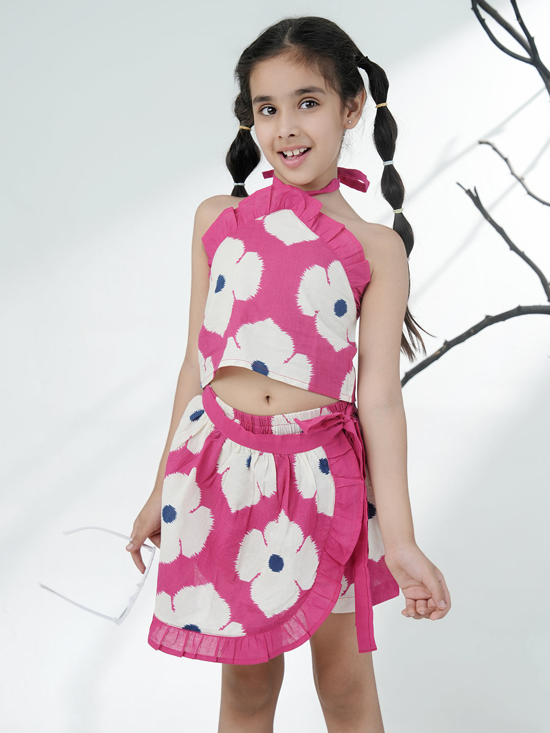 Pink Cotton Sleeveless Floral Printed Girls Top and Skort Co-Ords - AJ Dezines