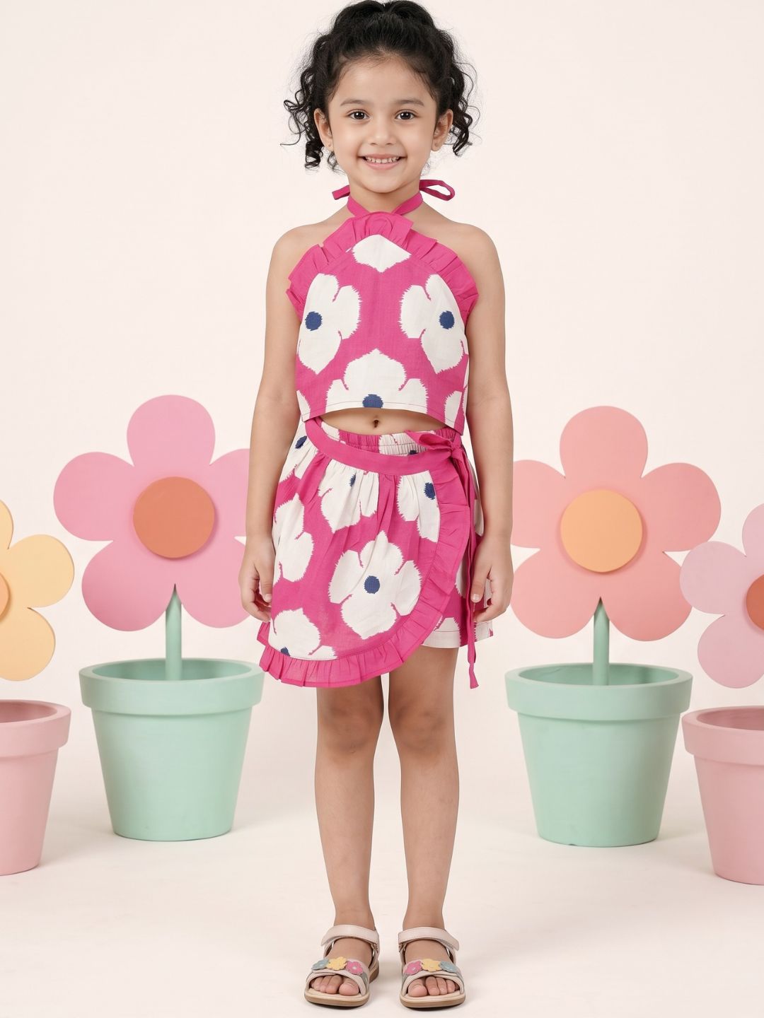 Pink Cotton Sleeveless Floral Printed Girls Top and Skort Co-Ords