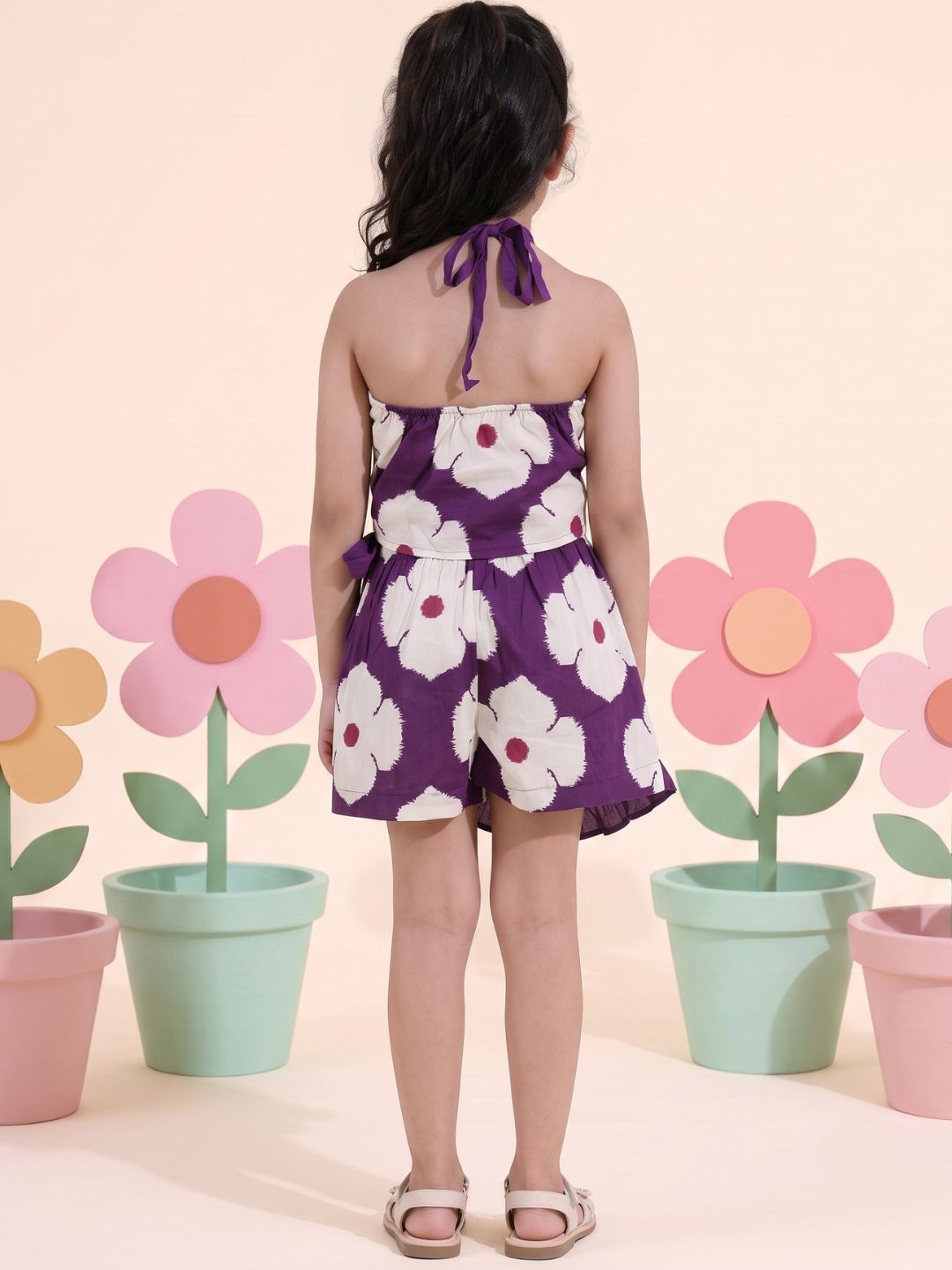 Purple Cotton Sleeveless Floral Printed Girls Top and Skort Co-Ords