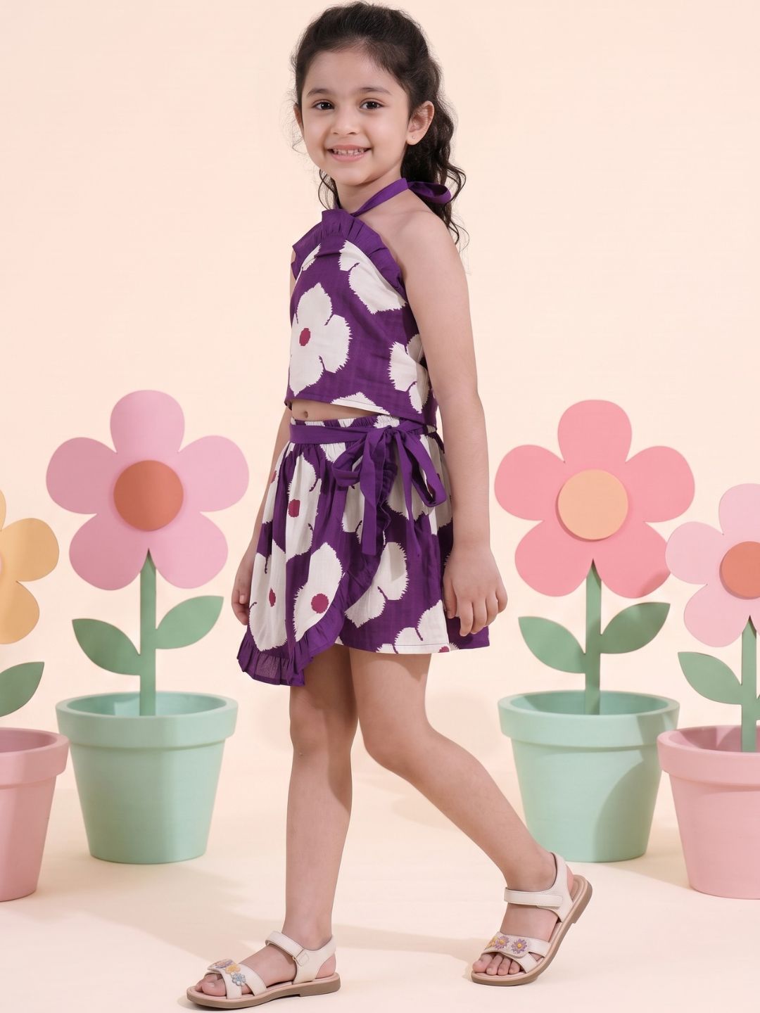 Purple Cotton Sleeveless Floral Printed Girls Top and Skort Co-Ords