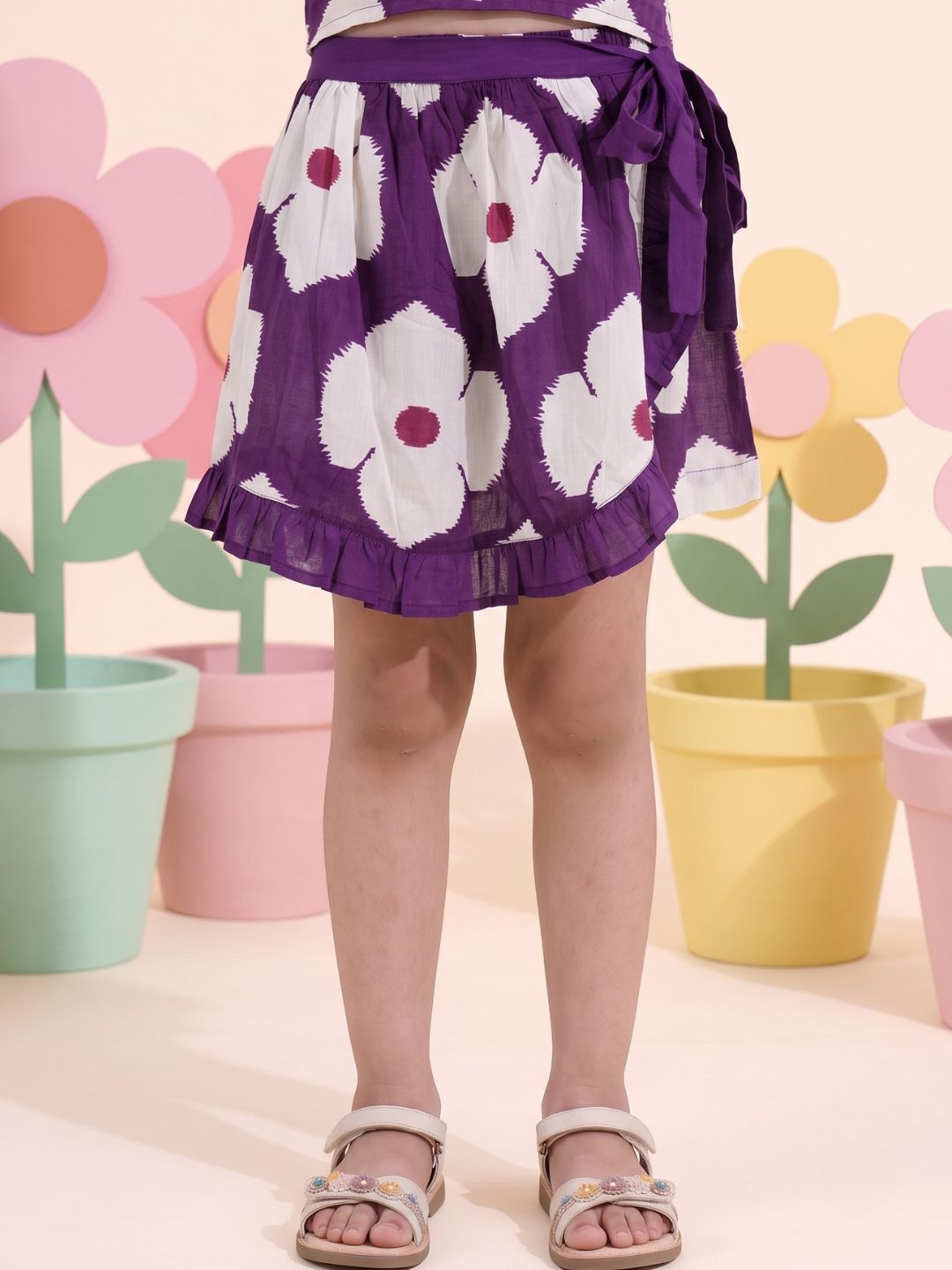 Purple Cotton Sleeveless Floral Printed Girls Top and Skort Co-Ords