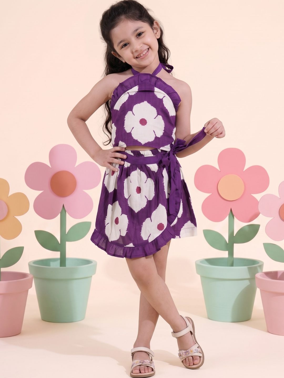Purple Cotton Sleeveless Floral Printed Girls Top and Skort Co-Ords