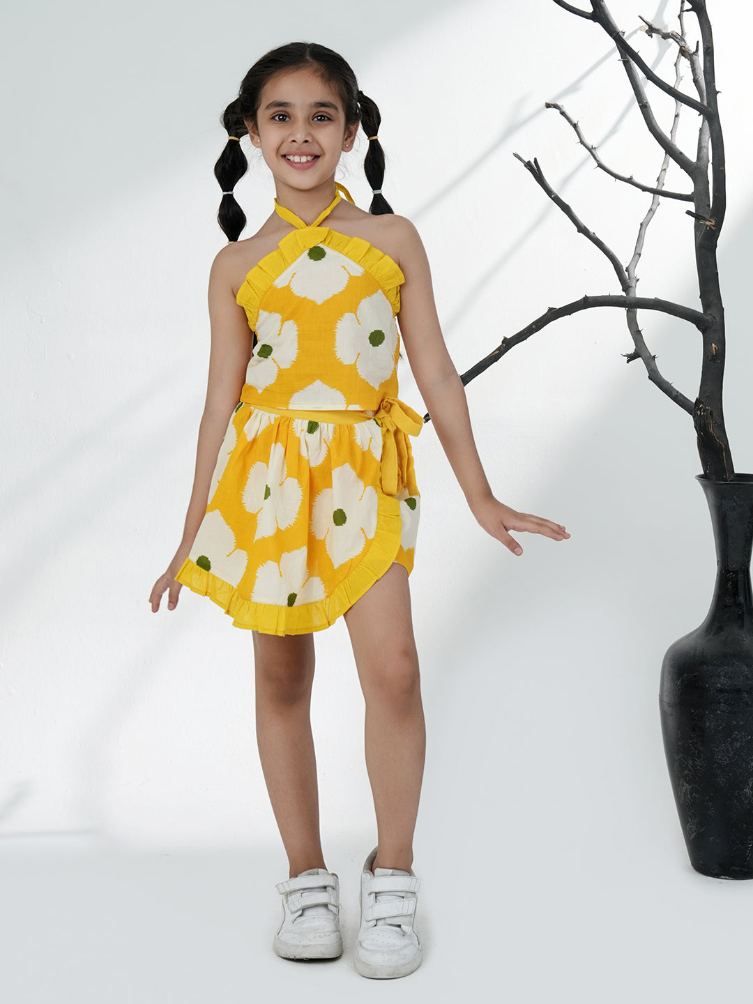 Yellow Cotton Sleeveless Floral Printed Girls Top and Skort Co-Ords - AJ Dezines