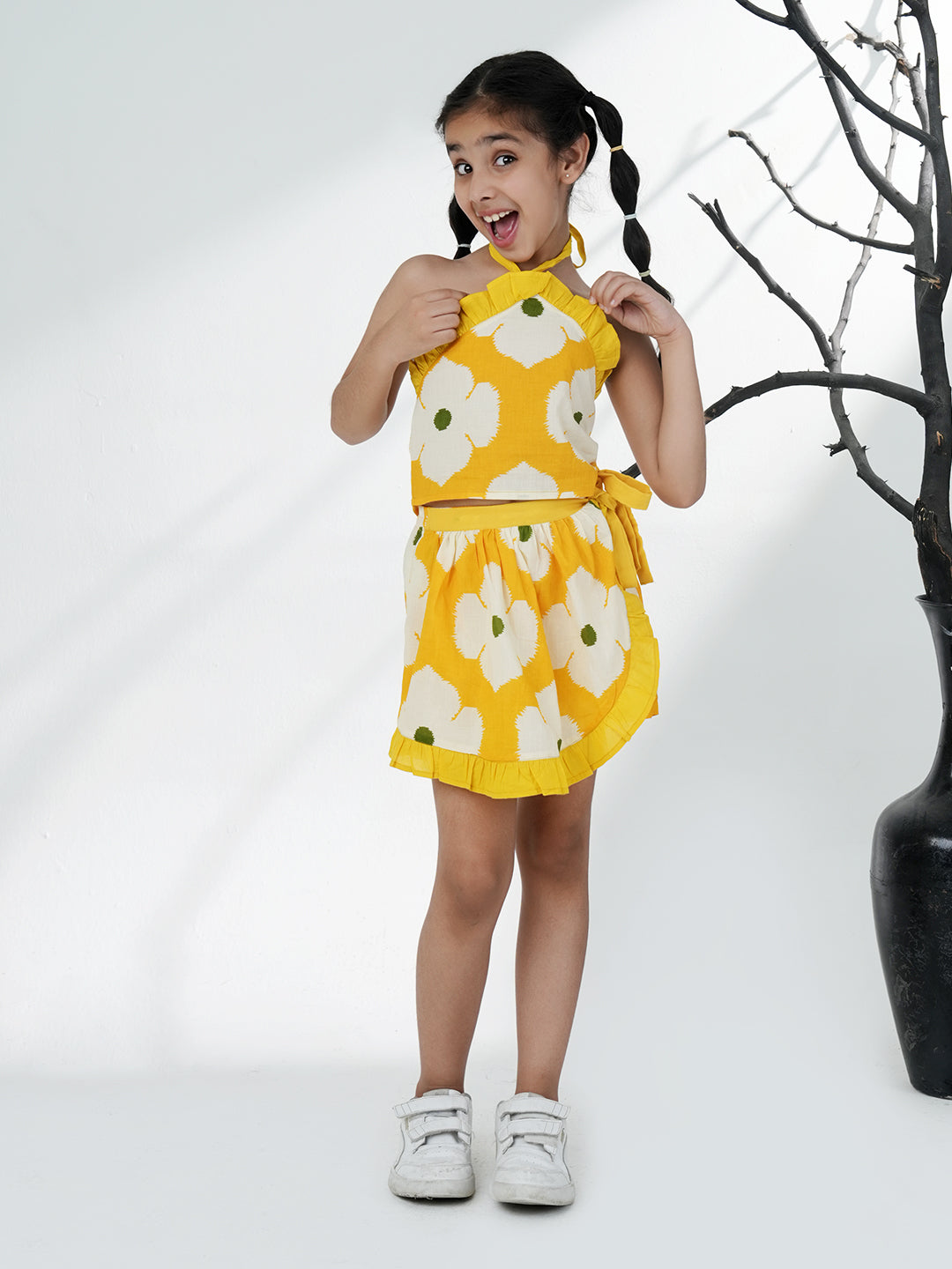 Yellow Cotton Sleeveless Floral Printed Girls Top and Skort Co-Ords - AJ Dezines