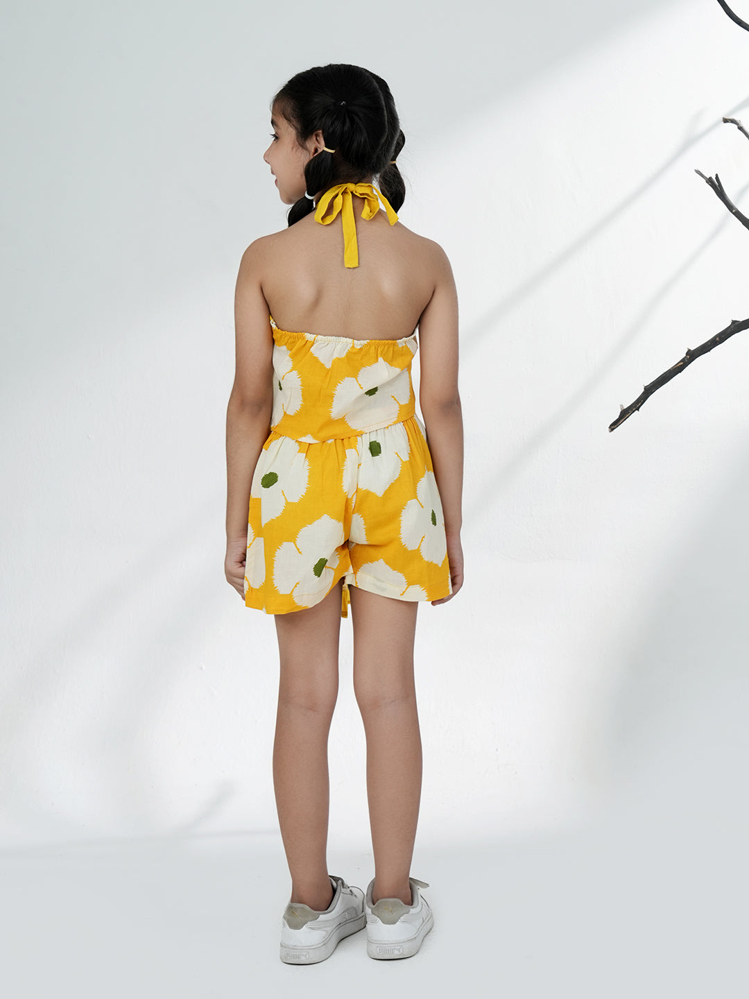 Yellow Cotton Sleeveless Floral Printed Girls Top and Skort Co-Ords - AJ Dezines