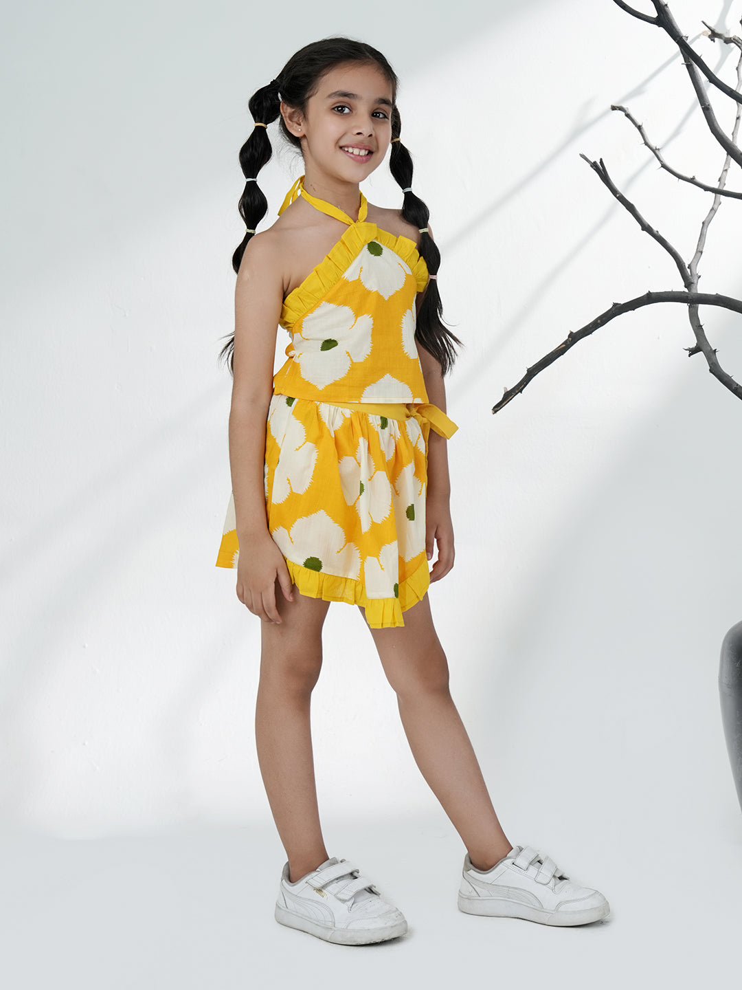 Yellow Cotton Sleeveless Floral Printed Girls Top and Skort Co-Ords - AJ Dezines