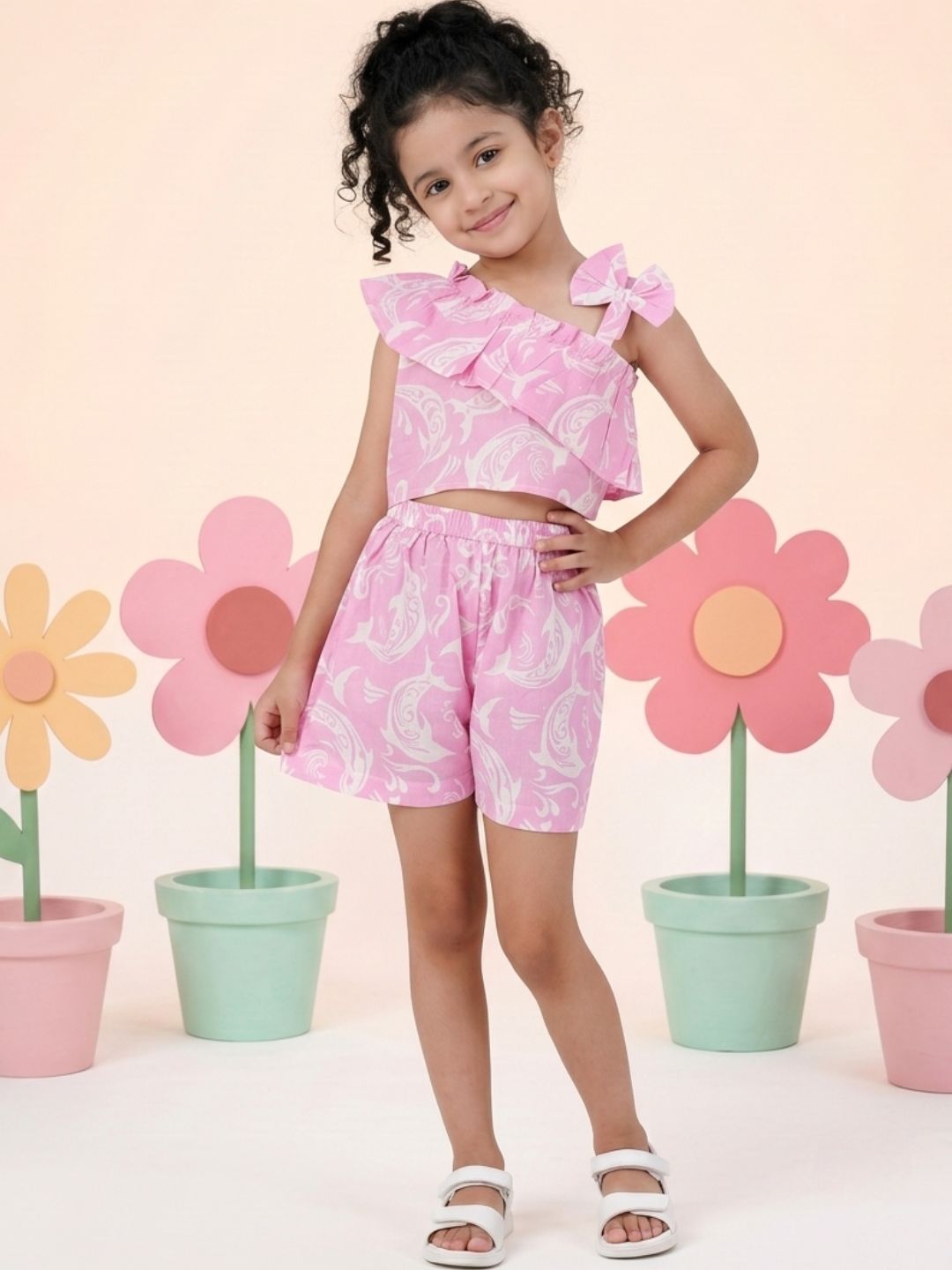 Pink Cotton Sleeveless Dolphin Printed Girls Co-Ords