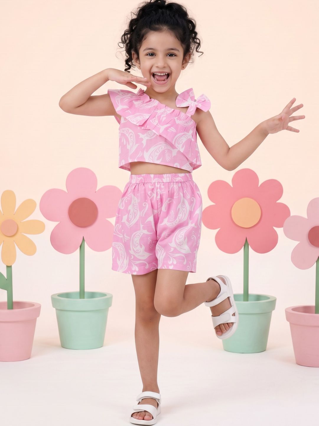 Pink Cotton Sleeveless Dolphin Printed Girls Co-Ords