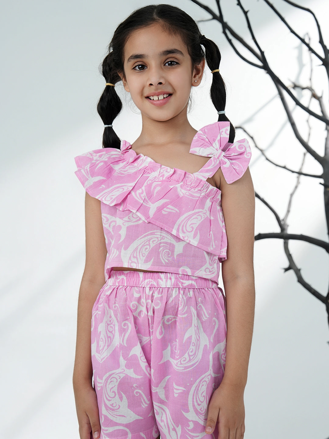 Pink Cotton Sleeveless Dolphin Printed Girls Co-Ords - AJ Dezines