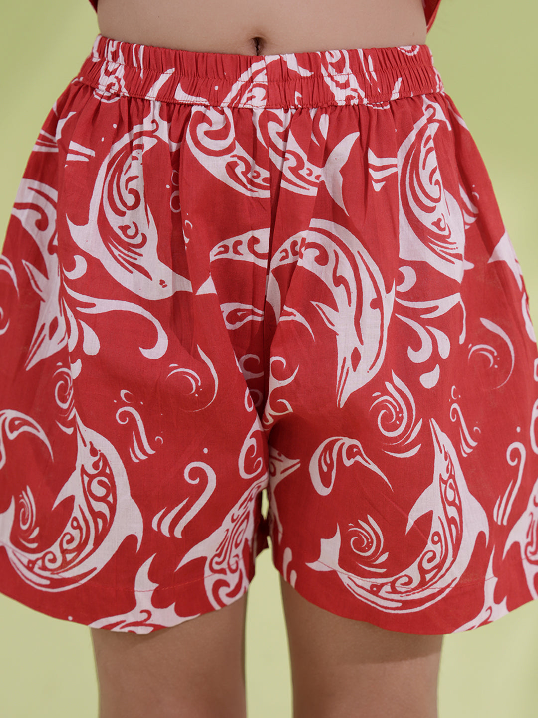 Red Cotton Sleeveless Dolphin Printed Girls Co-Ords - AJ Dezines