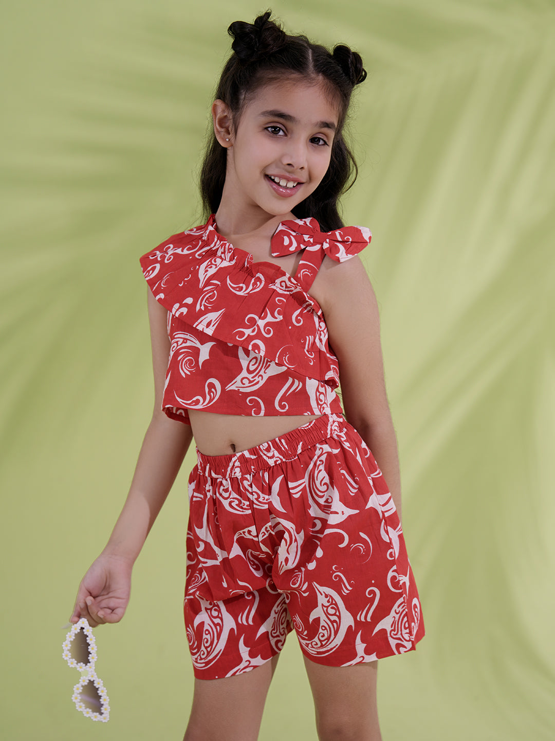 Red Cotton Sleeveless Dolphin Printed Girls Co-Ords - AJ Dezines