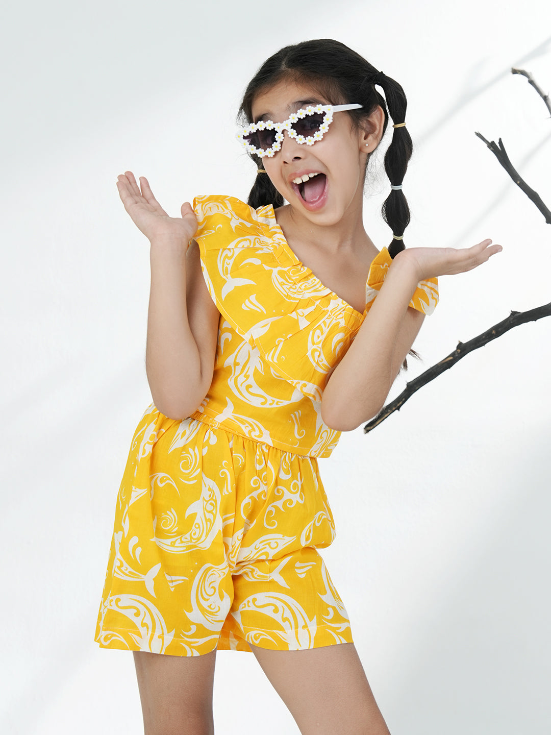 Yellow Cotton Sleeveless Dolphin Printed Girls Co-Ords - AJ Dezines