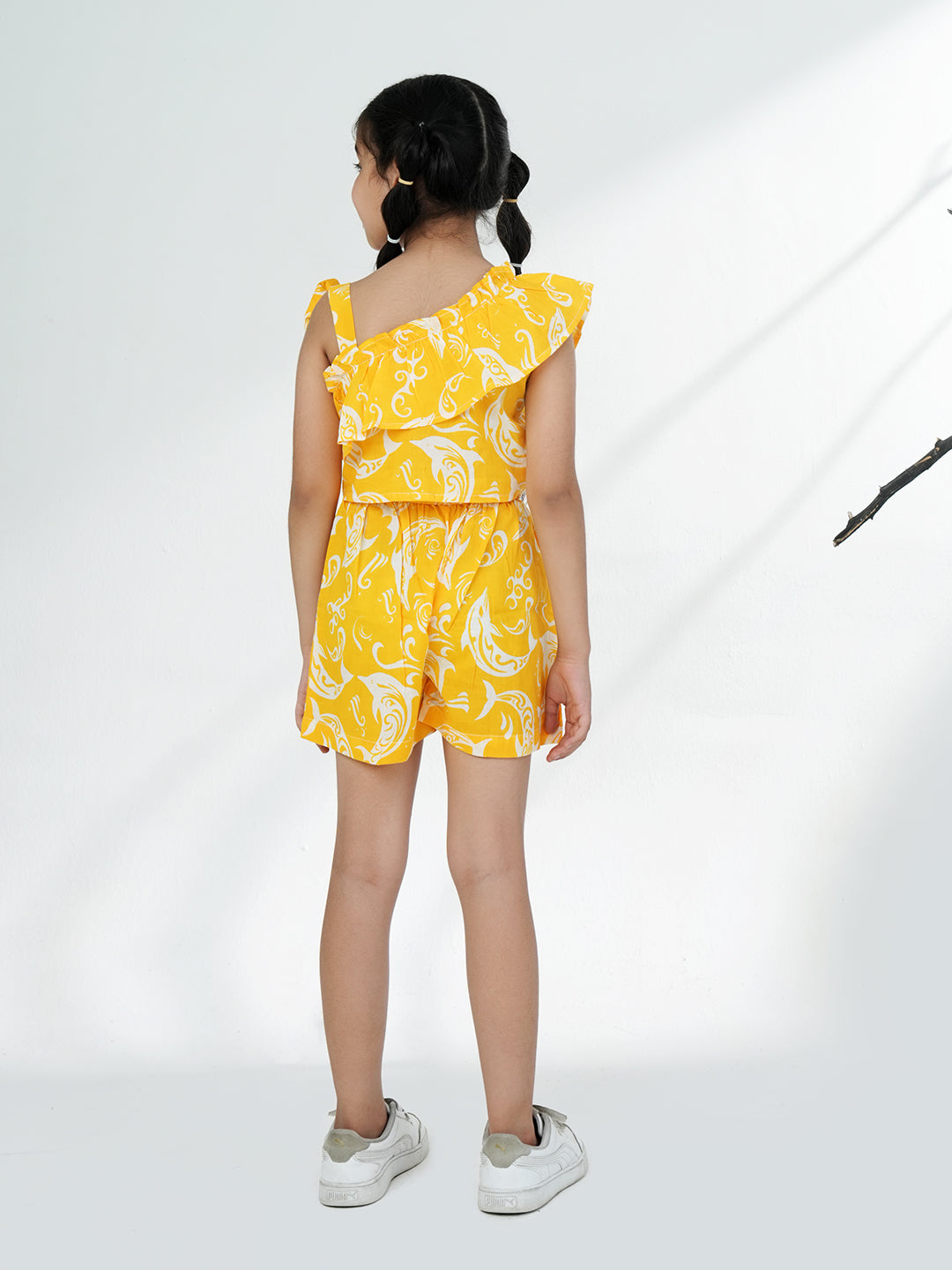 Yellow Cotton Sleeveless Dolphin Printed Girls Co-Ords - AJ Dezines