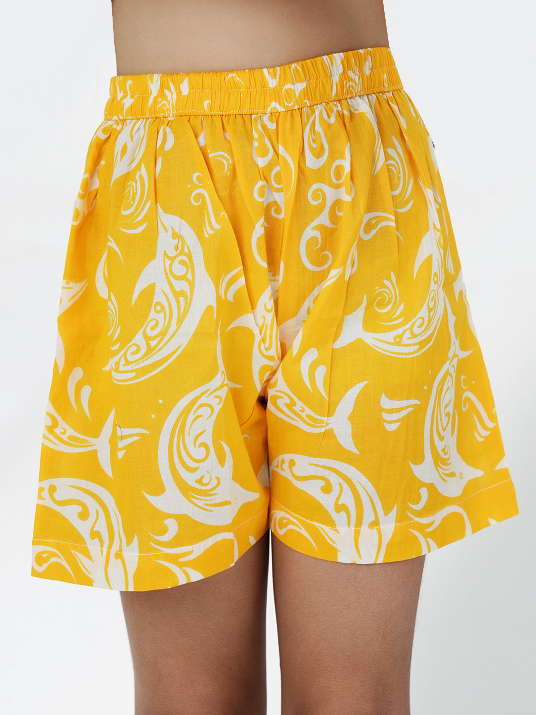 Yellow Cotton Sleeveless Dolphin Printed Girls Co-Ords - AJ Dezines